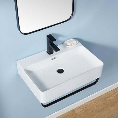 Wall Mounted Sink White with Towel Rack, 24"x16" Vessel Sink Rectangle, Wall Mount Floating Bathroom Sinks Wall Hung Porcelain Ceramic Modern Sink With Single Faucet Hole and Overflow