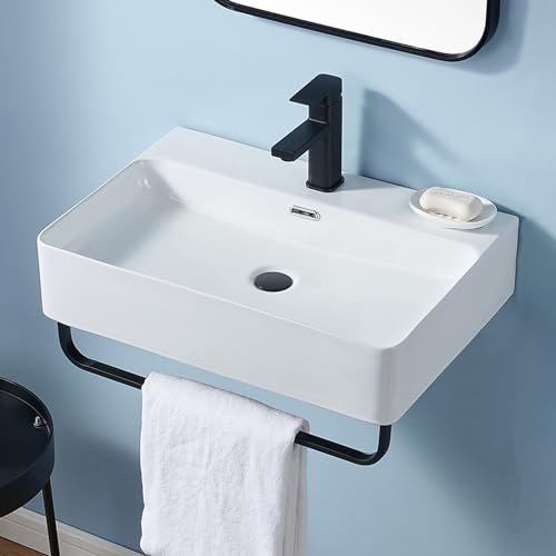 Wall Mounted Sink White with Towel Rack, 24"x16" Vessel Sink Rectangle, Wall Mount Floating Bathroom Sinks Wall Hung Porcelain Ceramic Modern Sink With Single Faucet Hole and Overflow