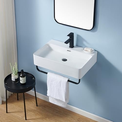 Wall Mounted Sink White with Towel Rack, 24"x16" Vessel Sink Rectangle, Wall Mount Floating Bathroom Sinks Wall Hung Porcelain Ceramic Modern Sink With Single Faucet Hole and Overflow