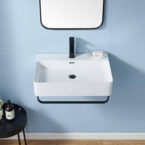 Wall Mounted Sink White with Towel Rack, 24"x16" Vessel Sink Rectangle, Wall Mount Floating Bathroom Sinks Wall Hung Porcelain Ceramic Modern Sink With Single Faucet Hole and Overflow