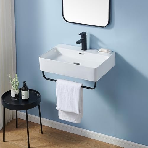 Wall Mounted Sink White with Towel Rack, 24"x16" Vessel Sink Rectangle, Wall Mount Floating Bathroom Sinks Wall Hung Porcelain Ceramic Modern Sink With Single Faucet Hole and Overflow