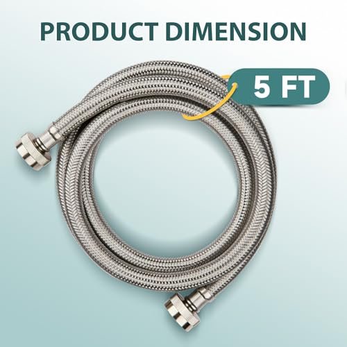 Washing Machine Hoses 5ft, 2 Pack Braided Stainless Steel Washer Hoses, Hot and Cold Washer Supply Line, Universal Flexible Laundry Machine Hose for All Washing Machine
