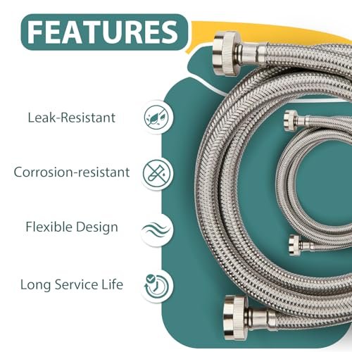Washing Machine Hoses 5ft, 2 Pack Braided Stainless Steel Washer Hoses, Hot and Cold Washer Supply Line, Universal Flexible Laundry Machine Hose for All Washing Machine
