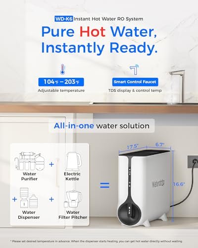 Waterdrop Reverse Osmosis System, Instant Hot Water Dispenser, 600 GPD, Reduce PFAS, Tankless, 2:1 Pure to Drain, Under Sink, TDS Reduction, Smart LED Faucet, Hot and Cold Water Dispenser Faucet