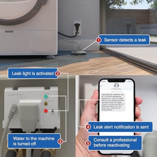 Watts A2C-SC Series Intelliflow 1/2" Washing Machine Smart Water Shutoff Valve with Leak Sensor, Inlet Adapters, Without Wall Box, Automated Flood Detection with Real-Time Text and E-Mail Alerts