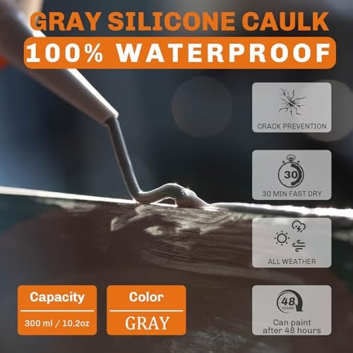 WELLUCK Grey Silicone Caulk, 100% Waterproof Silicone Sealant Adhesive Caulking,for RV, Kitchen,Bathroom, Window, Door, Glass,10.2FL.OZ/300ML（4 Pack）