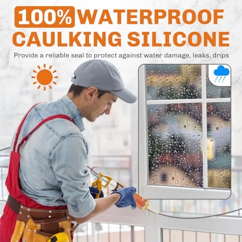 WELLUCK Grey Silicone Caulk, 100% Waterproof Silicone Sealant Adhesive Caulking,for RV, Kitchen,Bathroom, Window, Door, Glass,10.2FL.OZ/300ML（4 Pack）