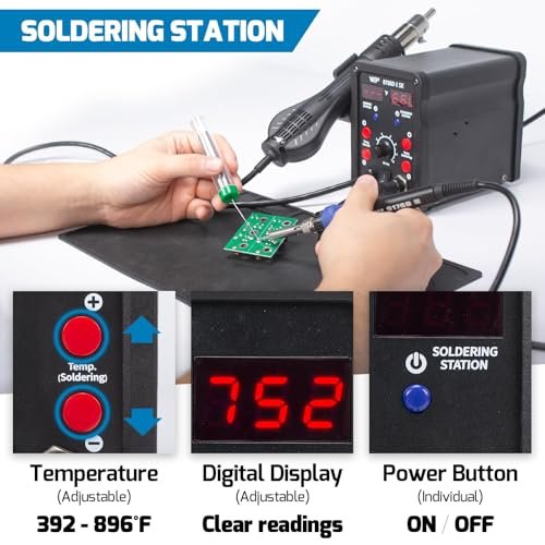 WEP 8786D-I SE Hot Air Soldering Iron Station Kit 2-IN-1 for Rework, Desoldering with Lead-Free Solder Wire, 5 Soldering Tips, 3 Hot Air Nozzles,Tweezers, Desoldering Pump