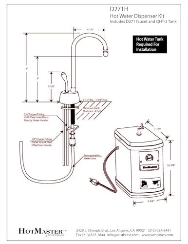 Westbrass A271H-20 Velosah 9" 1-Handle Hot Water Dispenser Faucet with Thermostatic Hot Water Tank, Stainless Steel