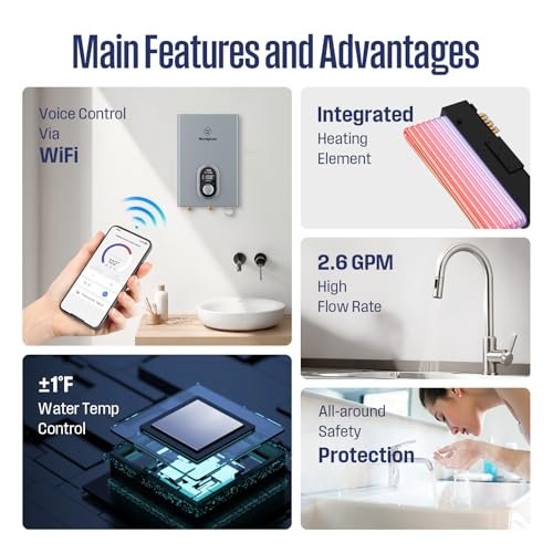 Westinghouse 11kW 240V Tankless Water Heater Electric, Up to 2.6 GPM Instant Hot Water Heater, 1-3 Point of Use Hot Water, Wi-Fi Enabled, APOLO-11k