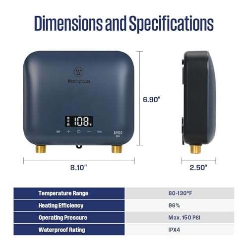 Westinghouse Apolo Mini 3.5kW Tankless Water Heater Electric, 120V Instant Hot Water, Smart WiFi Control, Works with Alexa & Google Home, Deep Blue