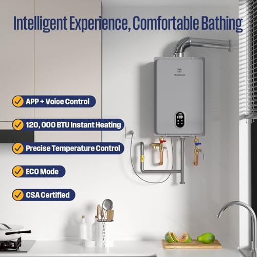 Westinghouse Natural Gas Tankless Water Heater Indoor Installation Max 5.1 GPM 120,000 BTU, WIFI Enable Temp Self Modulating Non Condensing High Efficiency for House or Commercial, APOLO Performance