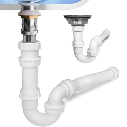 White 1 1/4" and 1-1/2" PVC P-Trap Plumbing Kit with Threaded Adapter, J-Bend for Restroom Sink Kitchen Sink Drain Pipe, Flexible Extension Tube Drain Tailpiece