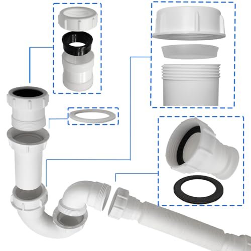 White 1 1/4" and 1-1/2" PVC P-Trap Plumbing Kit with Threaded Adapter, J-Bend for Restroom Sink Kitchen Sink Drain Pipe, Flexible Extension Tube Drain Tailpiece