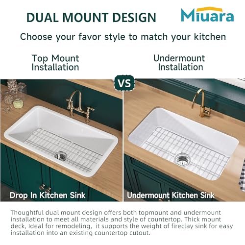White Undermount Kitchen Sink 32 Inch - Topmount Fireclay Bar Sink Drop In 32"x19"x10", Dual Mount, Single Bowl, with 2 Custom Accessories, Glossy White, for Kitchen