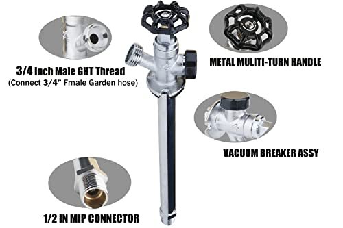 WHK Brass 12" Frost Proof Outdoor Faucet, Anti-Siphon Sillcock, Polished Chrome, 1/2" MIP x 3/4" Hose Bibb