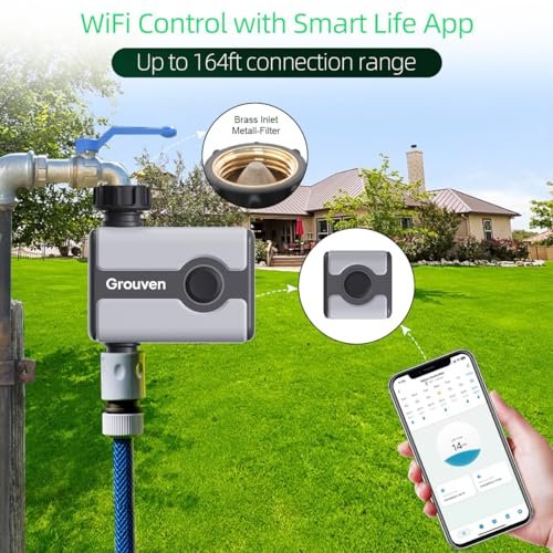WiFi Sprinkler Timer Brass Inlet Water Timer for Outdoor Lawn & Garden APP Remote Control via 2.4Ghz WiFi and Bluetooth, Easy Faucet Installation, Smart Automatic Irrigation System