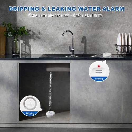 WiFi Water Leak Detectors 5 Pack, 120dB Adjustable Loud Water Leak Sensor, Wireless Wi-Fi Water Leak & Drip Alarm, App Alerts, 5 Water Alarm Sensors & 1 Hub for Home Kitchen, Bathroom, Sink, Laundry
