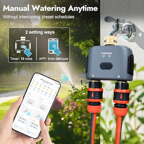 WiFi Water Timer for Garden Hose with Brass Inlet,Smart Hose Timer with WiFi Hub, APP & Voice Control,Up to 20 Watering Plans, 2-Zone Sprinkler Drip Irrigation System Controller for Yard Lawn Watering