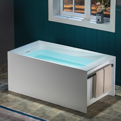 WOODBRIDGE 51-1/8" L x 27-1/2" Stone Resin Luxury Contemporary Solid Surface Freestanding Soaking Bathtub in Matte White, Ergonomic Soaking Tub with Towel Bar and 2 Drain Covers (Matte White & Black)