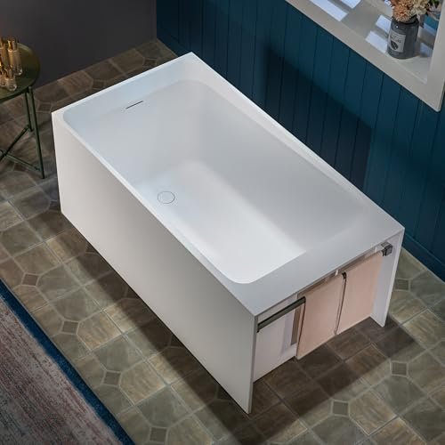 WOODBRIDGE 51-1/8" L x 27-1/2" Stone Resin Luxury Contemporary Solid Surface Freestanding Soaking Bathtub in Matte White, Ergonomic Soaking Tub with Towel Bar and 2 Drain Covers (Matte White & Black)