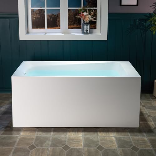 WOODBRIDGE 51-1/8" L x 27-1/2" Stone Resin Luxury Contemporary Solid Surface Freestanding Soaking Bathtub in Matte White, Ergonomic Soaking Tub with Towel Bar and 2 Drain Covers (Matte White & Black)