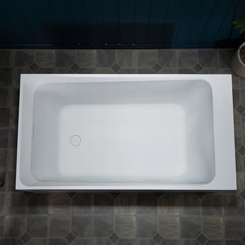 WOODBRIDGE 51-1/8" L x 27-1/2" Stone Resin Luxury Contemporary Solid Surface Freestanding Soaking Bathtub in Matte White, Ergonomic Soaking Tub with Towel Bar and 2 Drain Covers (Matte White & Black)