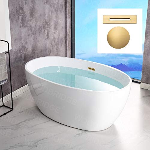 WOODBRIDGE 55" Acrylic Freestanding Bathtub Contemporary Soaking White Tub with Brushed Gold Overflow and Drain,B1418-BG