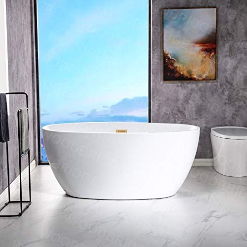 WOODBRIDGE 55" Acrylic Freestanding Bathtub Contemporary Soaking White Tub with Brushed Gold Overflow and Drain,B1418-BG