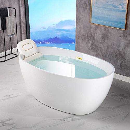 WOODBRIDGE 55" Acrylic Freestanding Bathtub Contemporary Soaking White Tub with Brushed Gold Overflow and Drain,B1418-BG