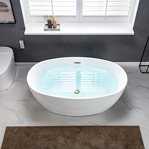 WOODBRIDGE 55" Acrylic Freestanding Bathtub Contemporary Soaking White Tub with Brushed Gold Overflow and Drain,B1418-BG