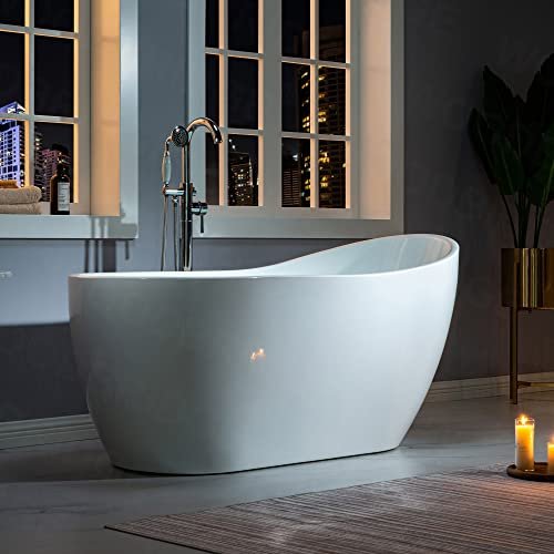 WOODBRIDGE 59" Acrylic Freestanding Bathtub Contemporary Soaking White Tub with Chrome Overflow and Drain,B1530-C-Drain&O