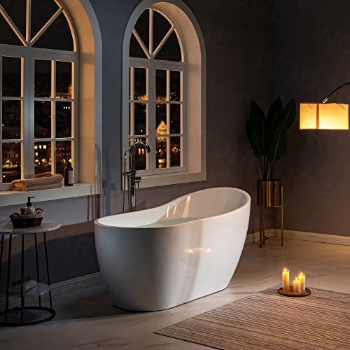 WOODBRIDGE 59" Acrylic Freestanding Bathtub Contemporary Soaking White Tub with Chrome Overflow and Drain,B1530-C-Drain&O