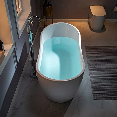 WOODBRIDGE 59" Acrylic Freestanding Bathtub Contemporary Soaking White Tub with Chrome Overflow and Drain,B1530-C-Drain&O