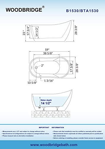 WOODBRIDGE 59" Acrylic Freestanding Bathtub Contemporary Soaking White Tub with Chrome Overflow and Drain,B1530-C-Drain&O