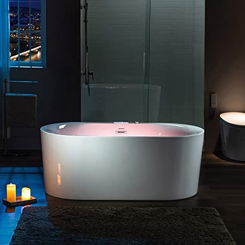 WOODBRIDGE 59" x 31-1/2" Whirlpool Water Jetted and Air Bubble Freestanding Heated Soaking Combination Bathtub with LED control panel, BJ100, White