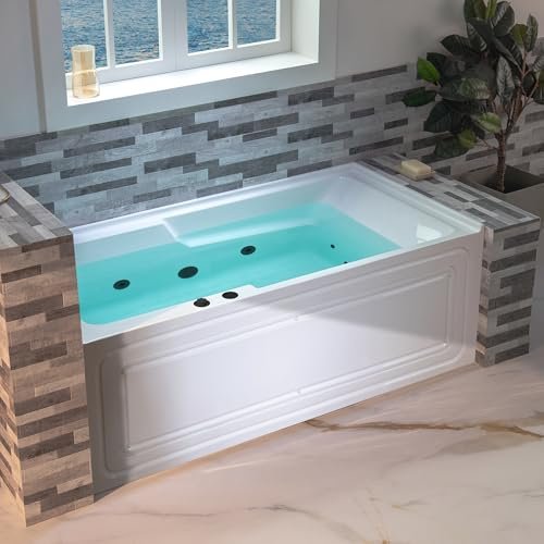 WOODBRIDGE 60" Alcove Acrylic Rectangular Whirlpool Heated Jetted Tub in White with Left Drain, Matte Black pop-up Drain Included BM6030L