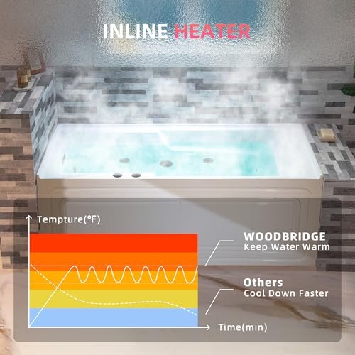 WOODBRIDGE 60" Alcove Acrylic Rectangular Whirlpool Heated Jetted Tub in White with Left Drain, Matte Black pop-up Drain Included BM6030L