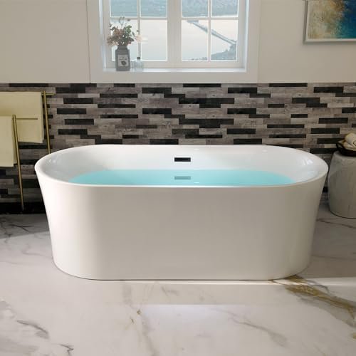 WOODBRIDGE 67" Acrylic Freestanding Bathtub Contemporary Soaking Tub with Matte Black Overflow and Drain,White Tub,B0057-MB