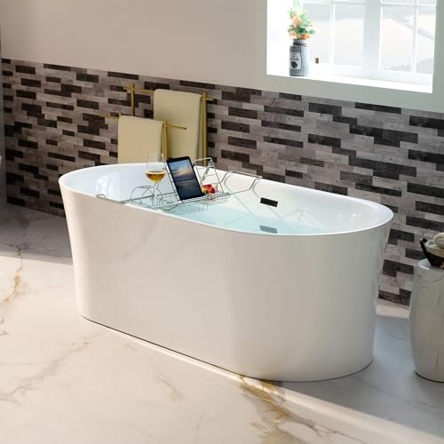 WOODBRIDGE 67" Acrylic Freestanding Bathtub Contemporary Soaking Tub with Matte Black Overflow and Drain,White Tub,B0057-MB