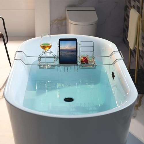 WOODBRIDGE 67" Acrylic Freestanding Bathtub Contemporary Soaking Tub with Matte Black Overflow and Drain,White Tub,B0057-MB