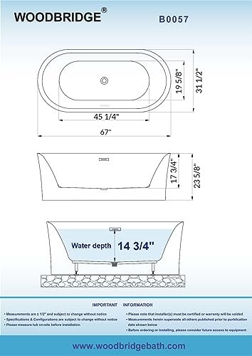 WOODBRIDGE 67" Acrylic Freestanding Bathtub Contemporary Soaking Tub with Matte Black Overflow and Drain,White Tub,B0057-MB
