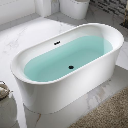 WOODBRIDGE 67" Acrylic Freestanding Bathtub Contemporary Soaking Tub with Matte Black Overflow and Drain,White Tub,B0057-MB