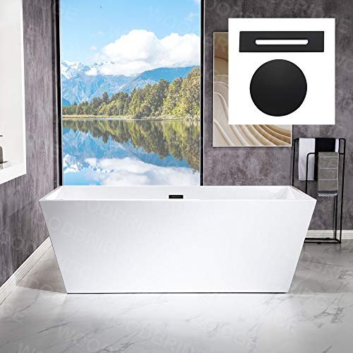 WOODBRIDGE 67" Acrylic Freestanding Bathtub Contemporary Soaking White Tub with Matte Black Overflow and Drain，BTA1512-MB-Drain&O