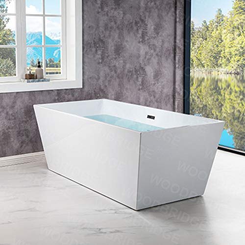 WOODBRIDGE 67" Acrylic Freestanding Bathtub Contemporary Soaking White Tub with Matte Black Overflow and Drain，BTA1512-MB-Drain&O