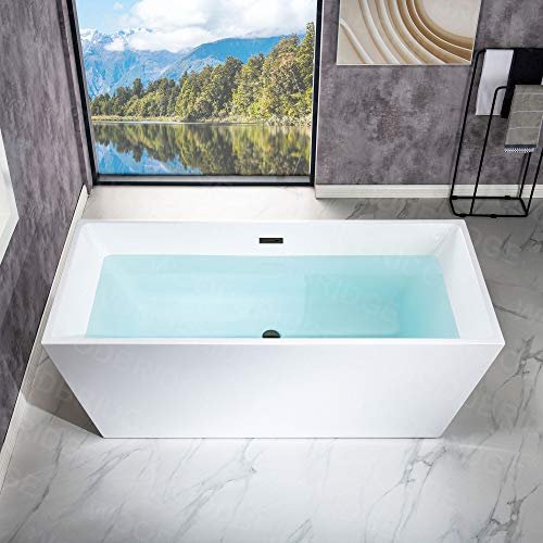 WOODBRIDGE 67" Acrylic Freestanding Bathtub Contemporary Soaking White Tub with Matte Black Overflow and Drain，BTA1512-MB-Drain&O