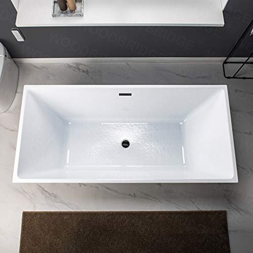 WOODBRIDGE 67" Acrylic Freestanding Bathtub Contemporary Soaking White Tub with Matte Black Overflow and Drain，BTA1512-MB-Drain&O