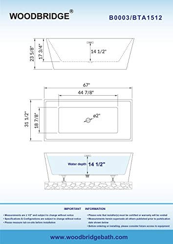 WOODBRIDGE 67" Acrylic Freestanding Bathtub Contemporary Soaking White Tub with Matte Black Overflow and Drain，BTA1512-MB-Drain&O