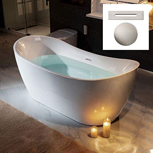 WOODBRIDGE 71" Acrylic Freestanding Bathtub Contemporary Soaking White Tub with Brushed Nickel Overflow and Drain,B0017-BN