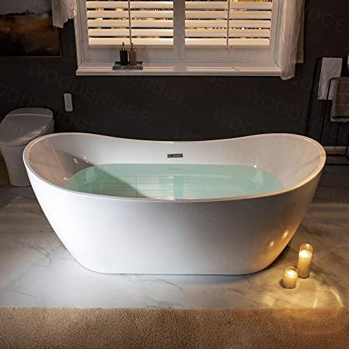 WOODBRIDGE 71" Acrylic Freestanding Bathtub Contemporary Soaking White Tub with Brushed Nickel Overflow and Drain,B0017-BN